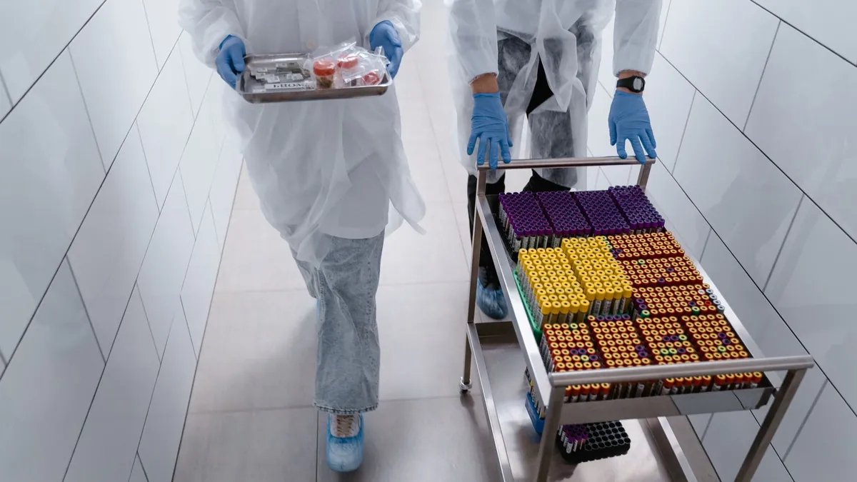 Laboratory staff moving trays of samples through a production corridor